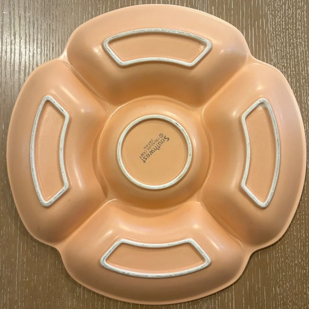 Vintage Southwest Treasure Craft Japan Divided Serving Tray Ceramic Aztec Peach